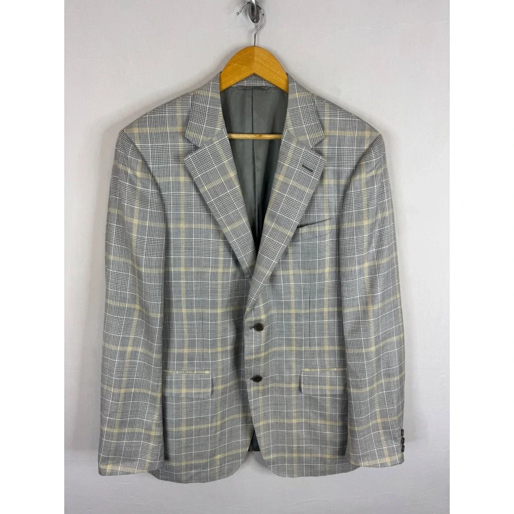 Canali Mens Grey Glen Plaid Wool Silk Linen Blazer Sport Coat Italy 44L Tall
